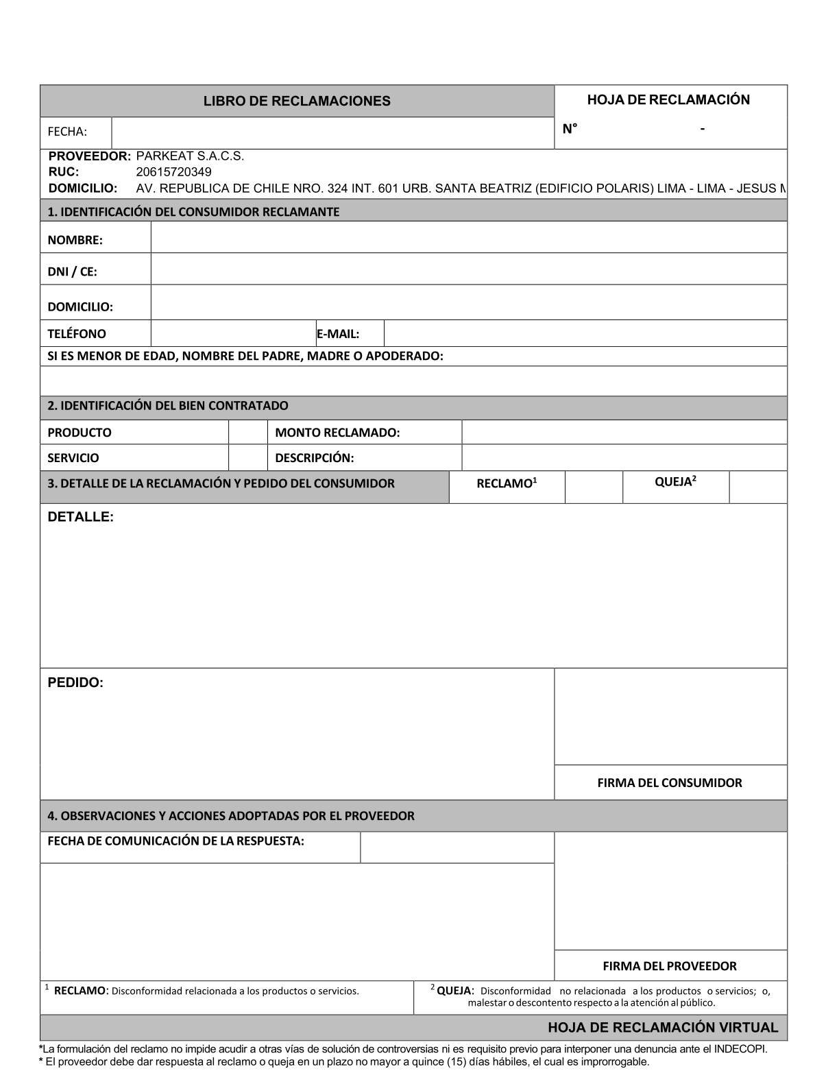 Aviso Virtual de Libro de Reclamaciones - Parkeat